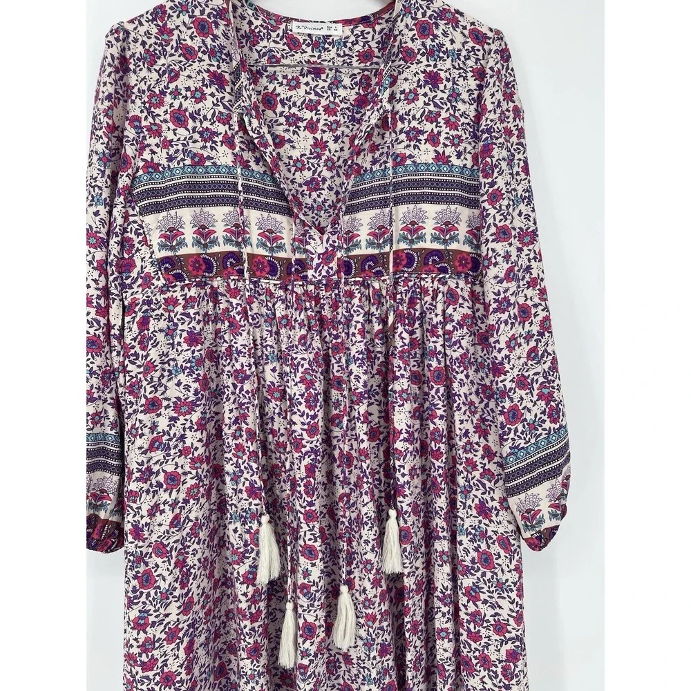 R Vivimos Women's Long Sleeve Floral Print Retro V N Eck Tassel Bohemian  Midi D